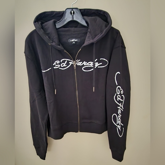NWT Womens Ed Hardy True Til Death Cropped Black Zip Up Hoodie size Medium - Picture 2 of 5
